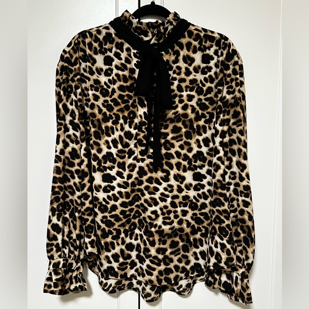 New York & Company Leopard Tie-Neck Blouse — Black & Tan